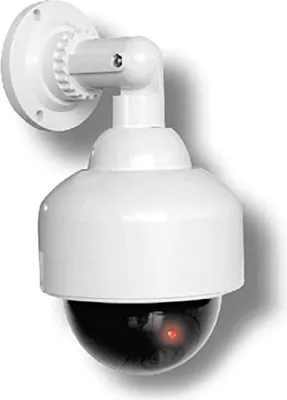 Produktbild von Überwachungskamera Attrappe mit blinkender LED Objektiv mit Montagematerial und Warnaufkleber wetterfest für Innen und Aussen