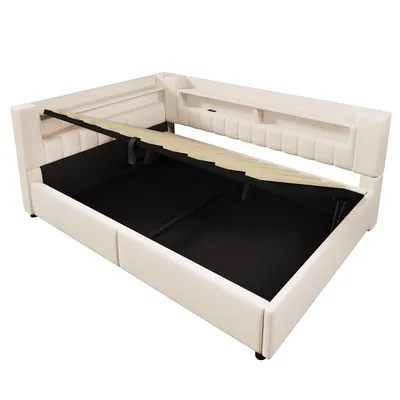 Produktbild von Flieks Hydraulisches Polsterbett 140x200cm mit Led, Tagesbett Schlafsofa mit Ladeanschlüssen, Daybed Stauraumbett Doppelbett mit Ablagen, Leinen Beige