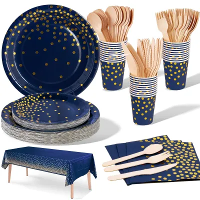 Image de Omgoods - Vaisselle de fête - 141 pièces en bleu marine et or