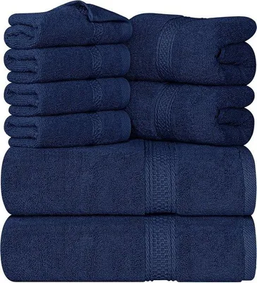 Zdjęcie produktu dla Zestaw 8 h ręczników Unyqoos® wykonanych w 100% z bawełny – 2 ręczniki o wymiarach 69x137 cm, 2 ręczniki o wymiarach 41x71 cm, 4 ręczniki o wymiarach 30x30 cm, bardzo chłonne, z możliwością zawieszenia