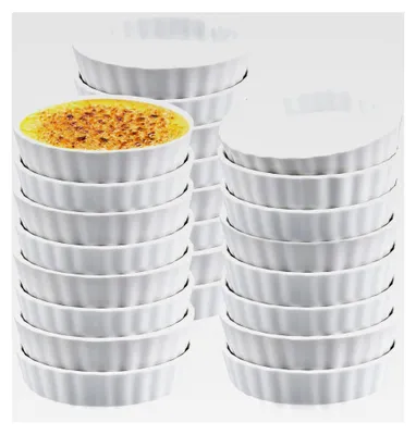 Produktbild von Creme Brulee Auflaufförmchen, ofenfest, Keramik, geriffelt, flach, Quiche-Schalen, weißes Porzellan, runde Kuchenform, Soufflé-Schalen, 13 x 3 cm, 24 Stück