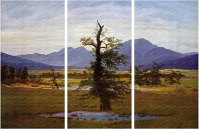 Produktbild von Caspar David Friedrich Obrázky Plátno Roztažené plátno | XXL-Wall Picture Poster Art Print As Canvas Picture - Osamělý strom, 1822, 3-dílný (120 x 180 cm)
