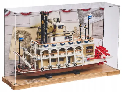 Produktbild von Blacked Brick WOOD Vitrine mit bedruckter Rückwand für LEGO® 21356 Ideas – Flussdampfer
