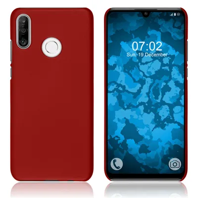 A red phone case is shown next to a smartphone displaying a lock screen.