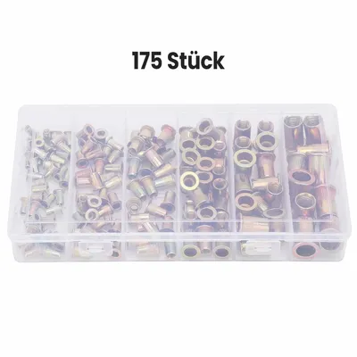Produktbild von 175 tlg. Nietmuttern Set,Nieten Flachkopfnieten Gewindenieten Sortiment Stahl Verzinkt M3 M4 M5 M6 M8 M10