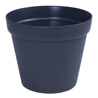 A dark gray plastic plant pot on a white background.