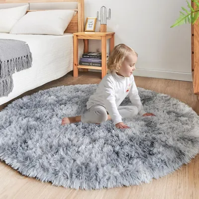 Produktbild von Rund Teppich Flauschig Plüschteppich Hellgrau 200 x 200 cm