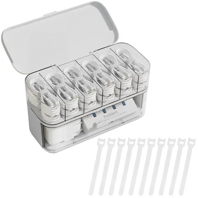 Kabelaufbewahrungsbox mit 6 Fächern und 10 Kabelbindern, Kunststoff, 23x11x13 cm