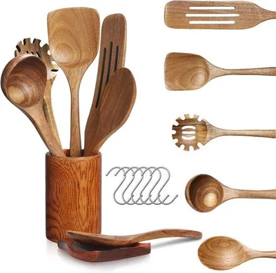 Productafbeelding van 13-delige Houten Kookset - Keukenhulp Set met Saladeschep, Noodleschep, Soeplepel, Spatel, Zeeflepel, Houten Opscheplepels met Houder en