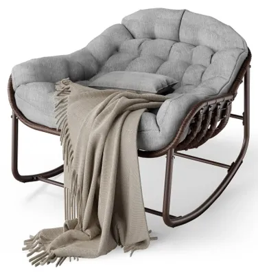 Produktbild von Outdoor Schaukelstuhl für Terrasse - Papasan Ei-Sessel - XXL Loungesessel - Metallgestell - Dick gepolstertes Kissen - Für innen und außen - Grau