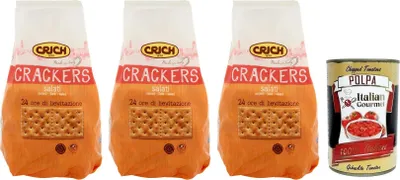 Produktbild von 3x Crich Crackers Salati,Gesalzen Snack,Ballaststoffreiche,Cracker mit Salzkörnern und Sauerteig 750g + Italian Gourmet Polpa di Pomodoro 400g Dose