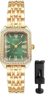 Produktbild von Elegante Damen Armbanduhr Rechteckig Analog Quarz Gold Strass Edelstahl Gliederarmband Kleine Uhr für Alltag und Business