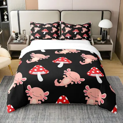 Zdjęcie produktu dla Komplet pościeli, 200x200 cm, 100% bawełna, różowy kolor, motyw axolotla i grzybów. Zawiera 2 poszewki na poduszki 80x80 cm
