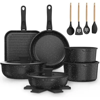 Produktbild von 21-teiliges Kochgeschirr Set - Töpfe und Pfannen mit abnehmbaren Griffen - Antihaft Granitbeschichtung - Induktion und backofengeeignet - Stapelbar - Glasdeckel - BZD-DC02GG-DE