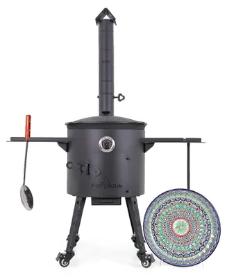 Produktbild von Utschak Feuerofen Ø 40 cm + Gusseisen-Kasan 12 L, runder Boden + Küchenzubehör, Usbekischer Kochtopf aus Gusseisen