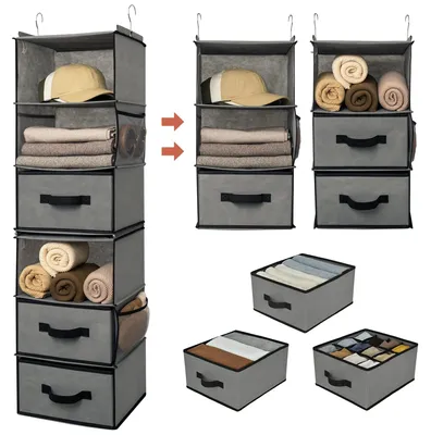 Image de Organisateur suspendu pour armoire, 1 pièce, étagère suspendue en tissu avec tiroirs, gris, rangement suspendu pour armoire, organiseur d'armoire, étagère suspendue pour chambre à coucher