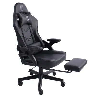 Produktbild von Gaming Stuhl im modernen Racing-Design mit ausziehbarer Fußstütze Gaming Chair mit verstellbaren Design Armlehnen ergonomischer Schreibtischstuhl mit extra Stützkissen,Farbe:Schwarz