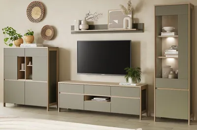 Produktbild von Wohnwand "Finnes" Salbei und Eiche Wohnkombination skandinavisch 4-teilig 363 cm, Soft-Close und inklusive Beleuchtung