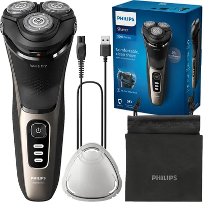 Zdjęcie produktu dla Golarka PHILIPS Shaver Series 3000 S3242/12, golenie na sucho i na mokro, akumulatorowa, obrotowe i elastyczne głowice 5D, samoostrzące się ostrza, 60 min, nasadka ochronna, szare złoto