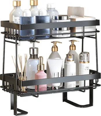 A two-tier black metal shelf unit holding various cosmetic and skincare products.