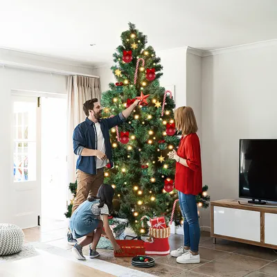 Produktbild von Yakimz 210 Künstlicher Weihnachtsbaum inkl. 1200 Spitzen PVC Nadeln, 400 warmweiße LED-Leuchten & Metallständer, Tannenbaum, Christbaum