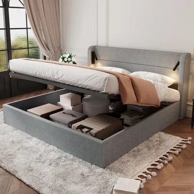 Produktbild von MODFU Polsterbett Jugendbett Kinderbett 160x200cm,Doppelbett,Stauraumbett,großer Stauraum,Holzlattenrost, Mit Leselicht am Bett ,Chenille, grau ohne Matratze