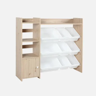 A wooden toy storage unit with multiple white bins and shelves, presented against a plain white background.