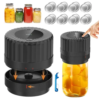 A collection of mason jars filled with food and a vacuum sealing device.