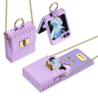 Produktbild von Kabelka a pouzdro na mobil pro Samsung Galaxy Z Flip 5/4/3/1/Huawei P50 Pocket, crossbody s popruhem, tkaná textura Fialová