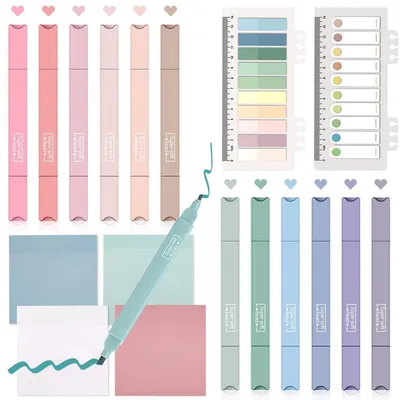 Produktbild von Textmarker Set Pastell 12 Farben mit 600 Transparenten Haftnotizen für Schule & Büro