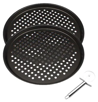 Productafbeelding van Pizzasteen Set 2 Pizzaplaten 31,8 cm - Antikleef Titaniumstaal - Rond 32 cm - Zwart - Voor Oven En Taart