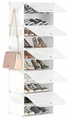 Produktbild von Schuhregal mit 10 Ebenen, schmal, mit Türen, Kunststoff, DIY Steckregal, Weiß