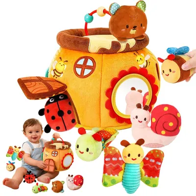 Produktbild von Juksun Stofftierhaus Babyspielzeug Plüsch Tierhaus mit 6 Tieren und Spiegel für Babys 0-12 Monate Montessori Spielzeug Tierkognition