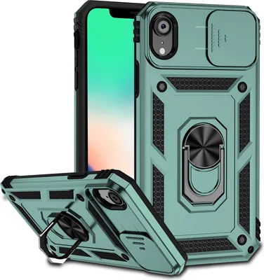 Produktbild von iPhone XR Hülle mit Schiebe Kamera Schutz und Ringhalter Ständer Robust Rüstung Schutzhülle für iPhone XR Grün