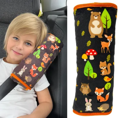 Zdjęcie produktu dla HECKBO Poduszka na pas samochodowy dla dzieci Zwierzęta leśne – na rzep, zdejmowany pokrowiec, 30 x 12 cm