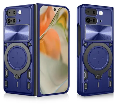 Produktbild von Für Google Pixel 9 Pro Fold CD Textur Sliding Kamera TPU / PC Schutz Hülle Ring Halterung Blau