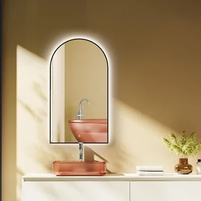 Produktbild von Bogenspiegel 60x100 cm / 100x60 cm Detroit mit Schwarzer Metallrahmen, HOCH+QUER Montage. Arch Bad Lichtspiegel+Touch Schalter+Licht Wechsel 2700-6500K, Warmweiß-Kaltweiß-tral