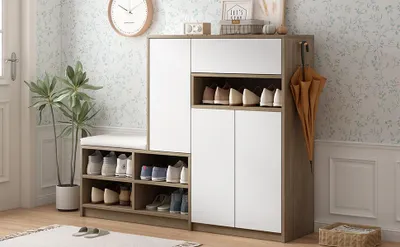 Image de OKWISH Meuble à Chaussures avec Assise Rembourrée - Banc à Chaussures Multifonction avec Étagères Réglables et Tiroir - Meuble d’Entrée Blanc
