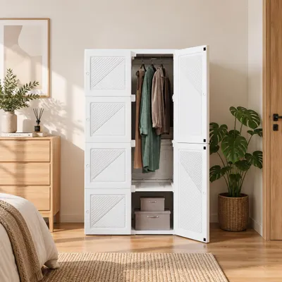 Productafbeelding van INONEFT Draagbare garderobe van kunststof, kledingkast voor de slaapkamer met 5 vakken, magnetische deuren en een kledingstang, wit, 69x50x136 cm