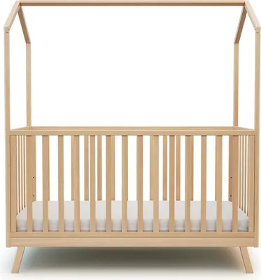 Produktbild von AT4 - Baybett Hausbett Holz 70x140 KASA Lackierte Buche | Babybett umbaubar zum boden juniorbett mädchen und Jung | Gitterbett mit Lattenrost 3 Stufen Höhenverstellbar |Abnehmbare Bettleiter