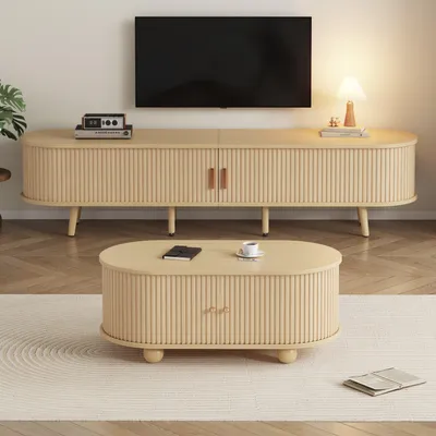 Immagine prodotto di Set di mobili per TV e tavolino da caffè - Arredamento per soggiorno - Mobile basso - Mobile contenitore - Tavolo in legno - Noce chiaro