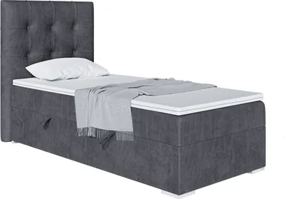 Produktbild von MEBLINI Boxspringbett mit Bettkasten - Gepolstert Einzelbett mit Matratze und Topper - Polsterbett mit Stauraum - Bett mit Kopfteil - Stauraumbett - DENIZ - 90x200 Rechts  - H3/Dunkelgrau Samt