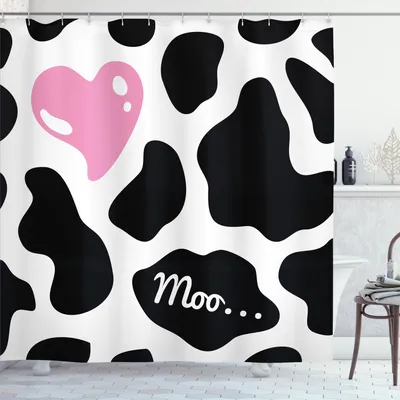 Immagine prodotto di ABAKUHAUS Tenda da doccia con stampa mucca, motivo mimetico a forma di cuore, paesaggio, amore, motivo ripetuto, 175 x 240 cm, nero, bianco, rosa