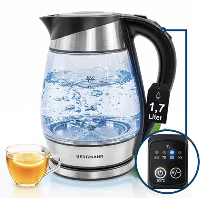 Zdjęcie produktu dla Szklany czajnik BERGMANN FR001 1,7L do kuchni, czajnik elektryczny o mocy 2200W z regulacją temperatury i dwumateriałową pokrywą