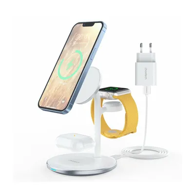 A white 3-in-1 wireless charging stand with an iPhone, Apple Watch, and AirPods Pro charging.