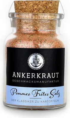 Produktbild von Ankerkraut Pommes Frites Salz, Pulverförmige Gewürze, 130 g, Knoblauch, Zwiebel, Oregano, Petersilie, Meersalz, Geräuchertes Salz, Süßer Paprika, Meersalz, Paprika edelsüß, Senfmehl, Zwiebel, Petersilie, Rauchsalz (Meersalz, Rauch),..., 76 kcal, 317 kJ