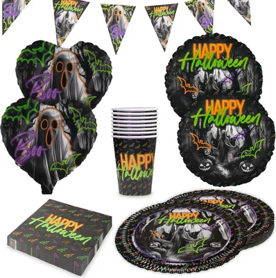 Produktbild von Halloween Neon – Partyset 5-tlg. mit Tellern, Bechern, Servietten & Ballons