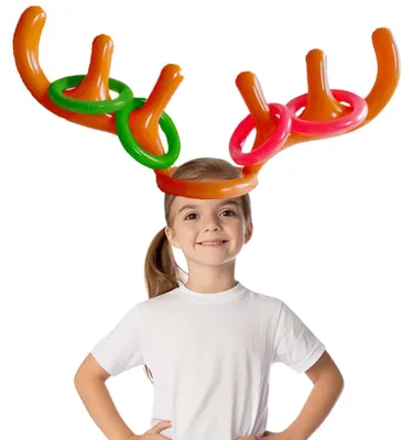 Wurfspiel Rentierhut aufblasbar mit 4 Ringen, Partyspiel