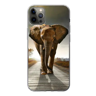 Produktbild von MuchoWow® Handyhülle Schutzhülle Hülle für iPhone 12 Pro Max Elefant - Straße - Tiere - Sonnenuntergang - Landschaft Silikon Softcase Handy Hülle - Hartschale