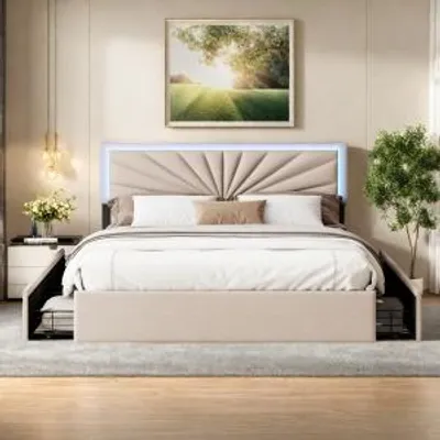 Produktbild von UnboxG Polsterbett 140x200cm mit LED und höhenverstellbarem Kopfteil, Doppelbett mit Lattenrost und 4 Schubladen, Stauraumbett Leinen